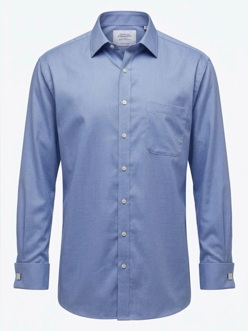 Charles Tyrwhitt Light Blue Textured Long-Sleeve Dress Shirt with French Cuffs